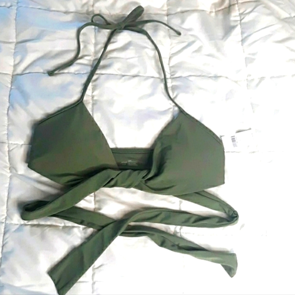New Aerie Bikini Top Olive Green Dazzle Scoop Crossover